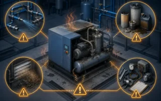 Ilustração de compressor industrial cercado pelos quatro principais fatores que causam falhas e quebras: vazamentos na rede de ar comprimido, filtros e óleo sem manutenção, ambiente inadequado com excesso de sujeira e falhas em serviços técnicos e componentes.