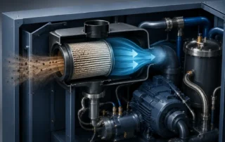 Ilustração técnica de filtro de admissão de ar em compressor industrial, mostrando partículas de poeira sendo retidas pelo elemento filtrante enquanto o ar limpo segue para o sistema de compressão.