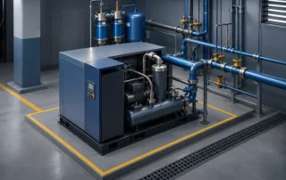 Sistema de ar comprimido industrial com compressor, reservatório e rede de tubulações ilustrando a relação entre pressão e vazão para distribuição eficiente de ar na fábrica.