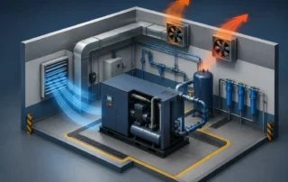 Sala de compressores industriais com sistema de ventilação projetado para dissipação de calor, mostrando entrada de ar frio, exaustores para remoção de ar quente, reservatório, filtros e rede de ar comprimido organizada para evitar superaquecimento e aumentar a eficiência operacional.