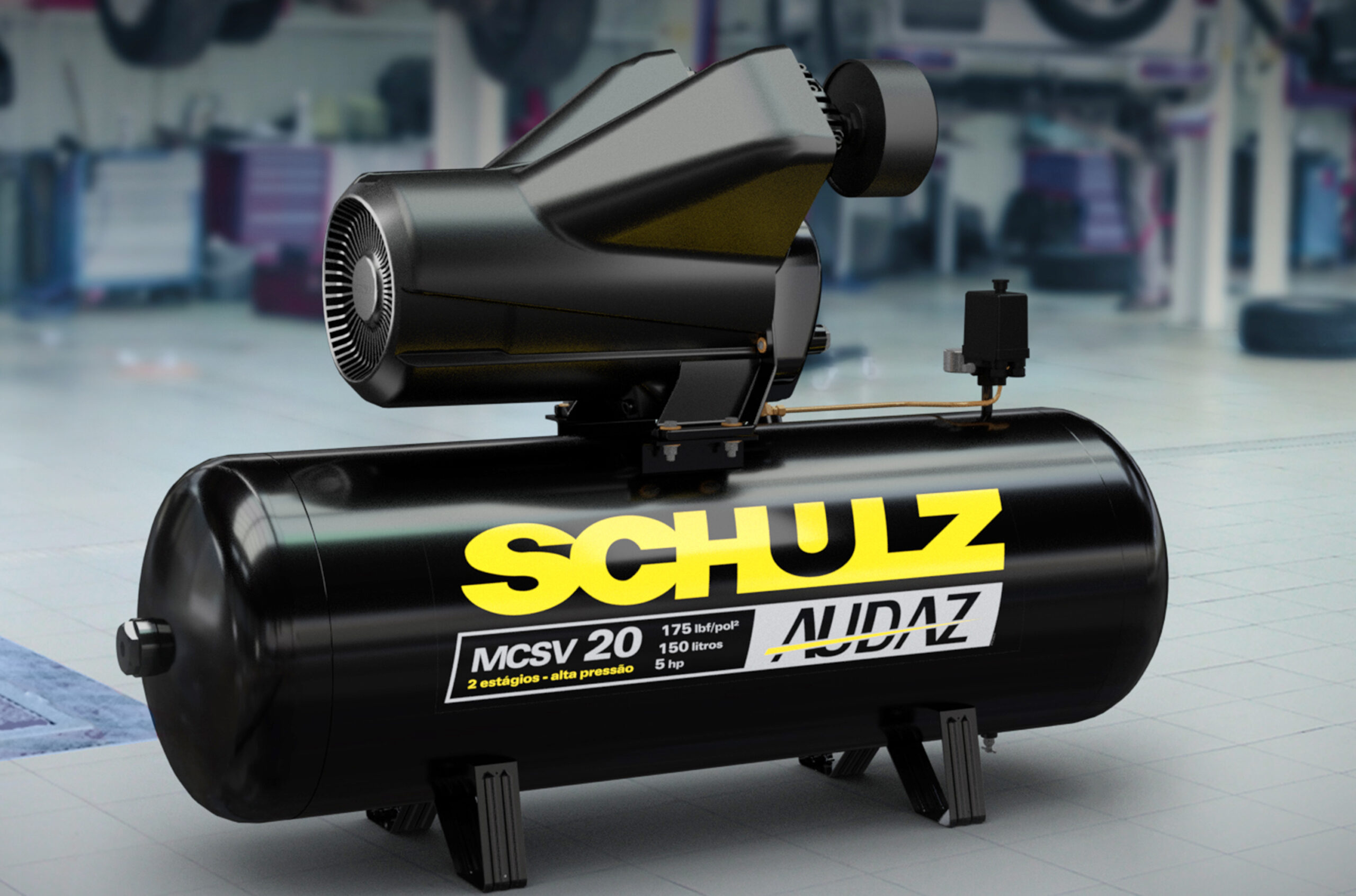 Compressor de pistão Schulz MCSV 20 Audaz de dois estágios sobre reservatório horizontal de 150 litros, com cabeçote, filtro de ar e pressostato visíveis.