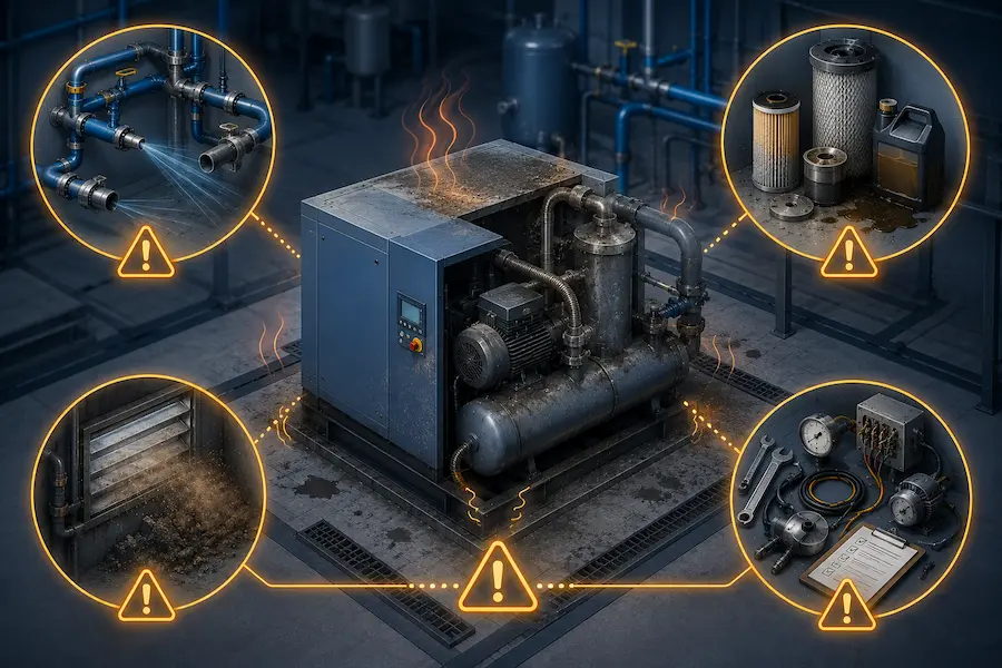 Ilustração de compressor industrial cercado pelos quatro principais fatores que causam falhas e quebras: vazamentos na rede de ar comprimido, filtros e óleo sem manutenção, ambiente inadequado com excesso de sujeira e falhas em serviços técnicos e componentes.