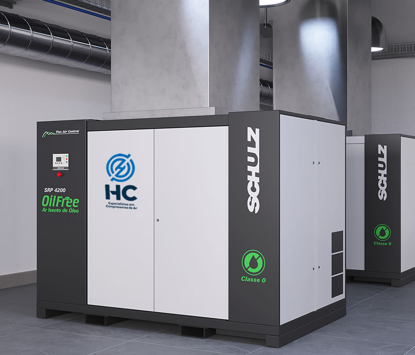 Compressor de parafuso Schulz SRP 4200 OilFree Classe 0 com identificação da HC Compressores, instalado em sala de máquinas.