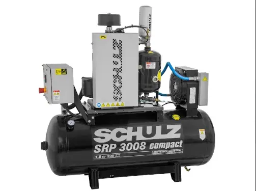 Compressor de parafuso Schulz SRP 3008 Compact de 7,5 hp e 200 litros montado sobre reservatório horizontal, com painel de comando, radiador e válvulas à vista.