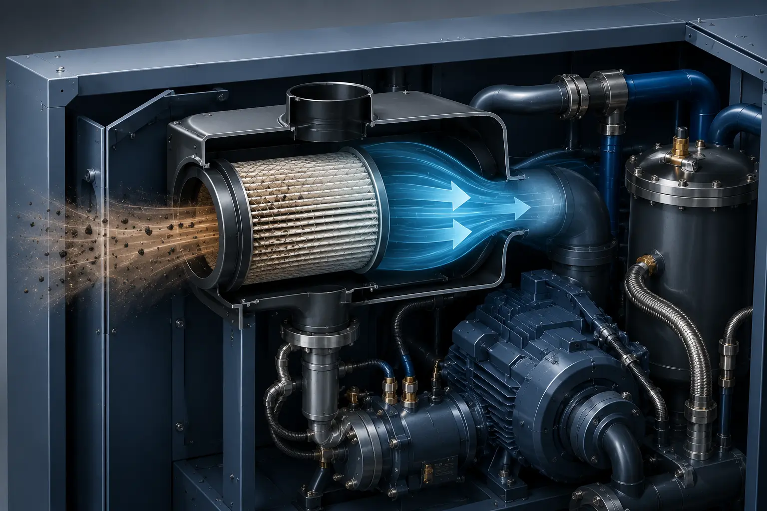Ilustração técnica de filtro de admissão de ar em compressor industrial, mostrando partículas de poeira sendo retidas pelo elemento filtrante enquanto o ar limpo segue para o sistema de compressão.