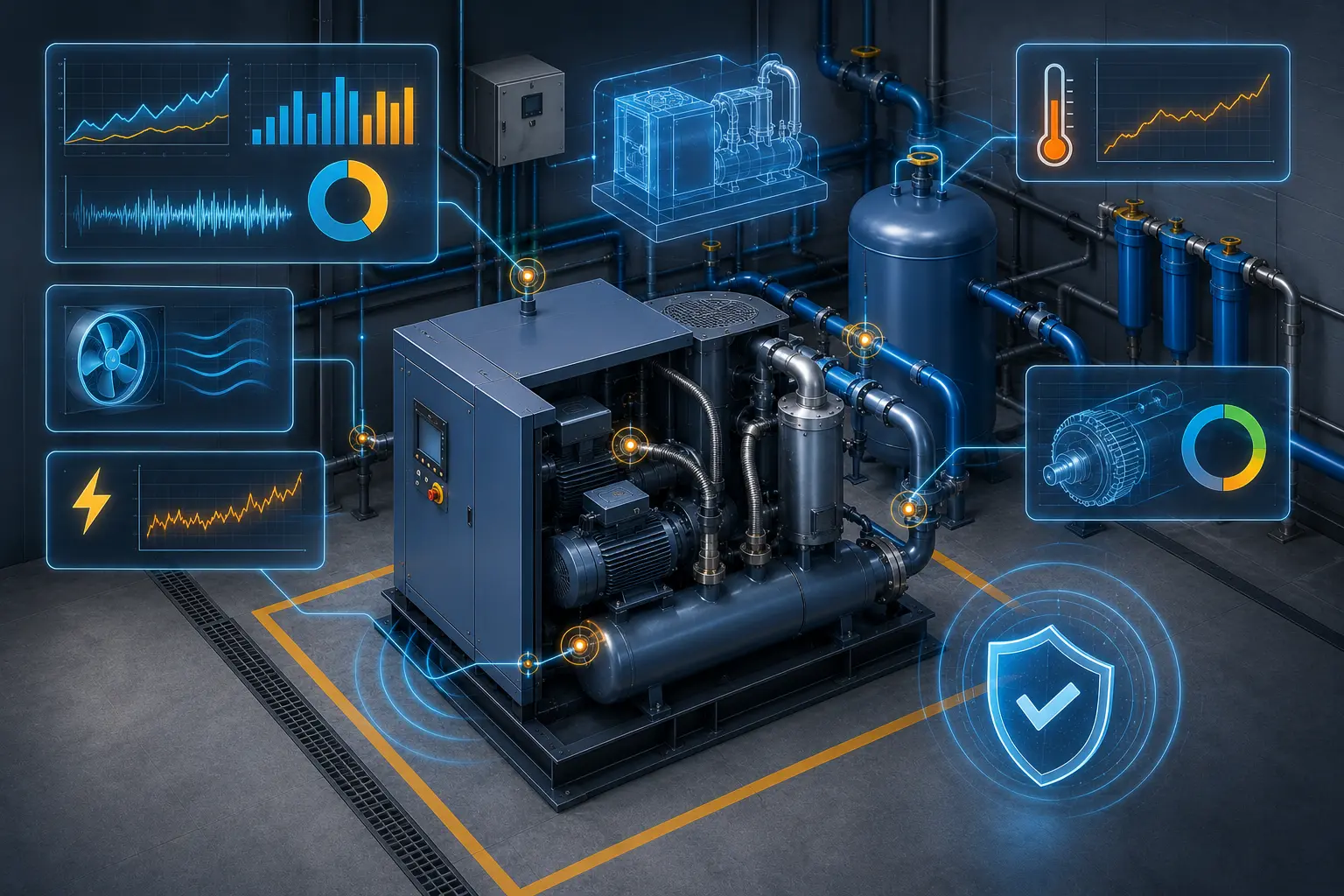 Compressor de parafuso industrial cercado por painéis de monitoramento com gráficos de vibração, temperatura, consumo de energia e desgaste de rolamentos, representando a manutenção preditiva.