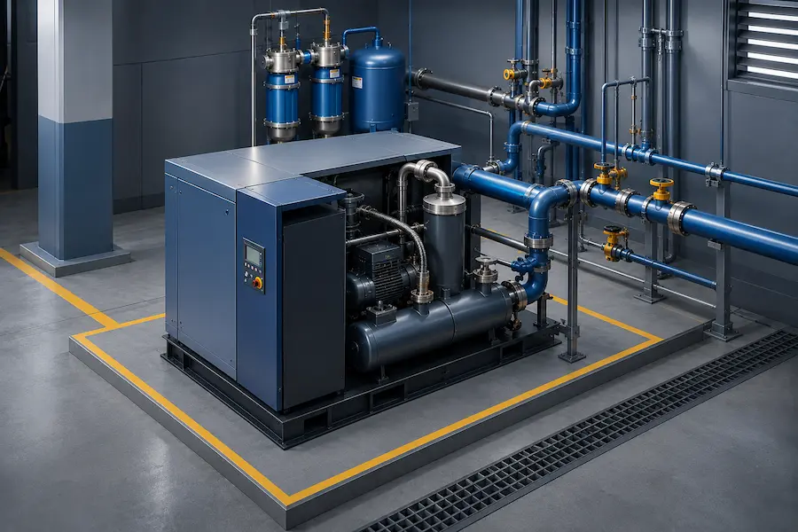 Sistema de ar comprimido industrial com compressor, reservatório e rede de tubulações ilustrando a relação entre pressão e vazão para distribuição eficiente de ar na fábrica.