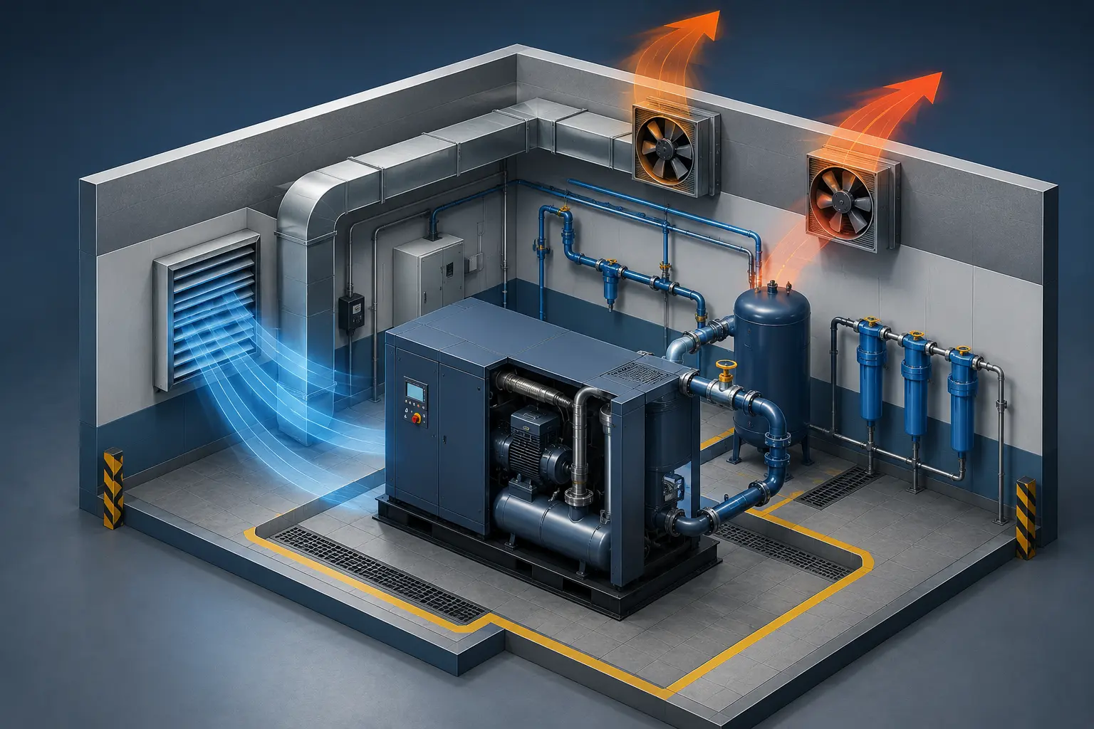 Sala de compressores industriais com sistema de ventilação projetado para dissipação de calor, mostrando entrada de ar frio, exaustores para remoção de ar quente, reservatório, filtros e rede de ar comprimido organizada para evitar superaquecimento e aumentar a eficiência operacional.