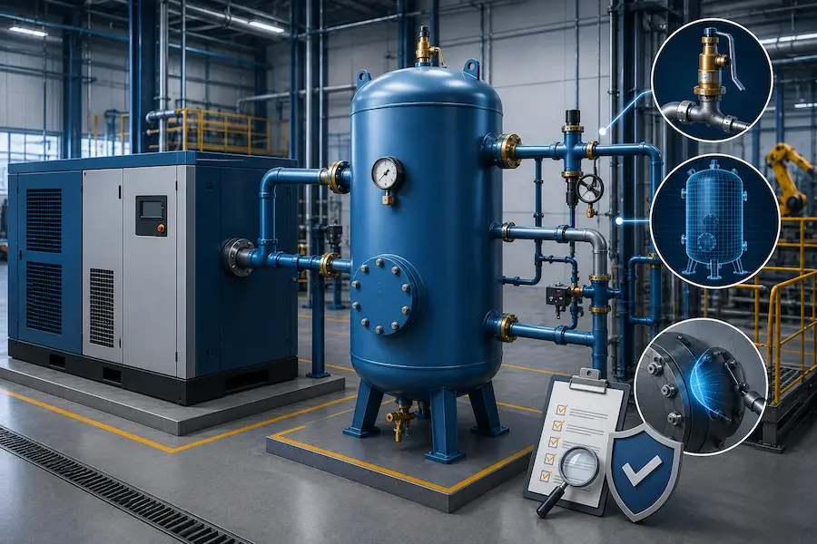Vaso de pressão industrial azul interligado a um compressor de parafuso por tubulação, com manômetro e válvula de segurança em destaque, ao lado de ícones de checklist e inspeção exigidos pela NR-13.