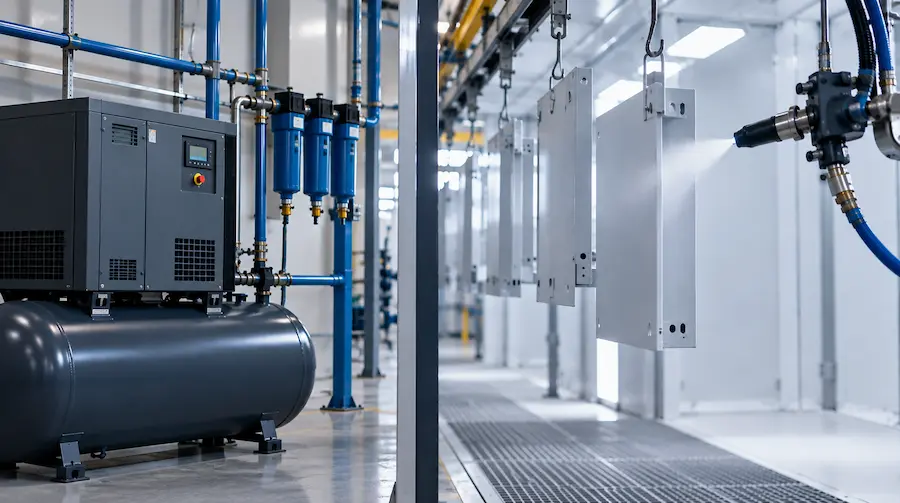 Sistema de ar comprimido em ambiente de pintura industrial, com compressor, filtros, tubulação e peças metálicas sendo preparadas para pintura.