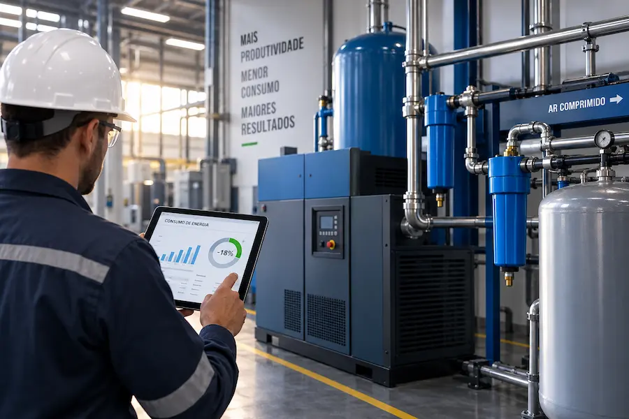 Profissional avalia consumo de energia em sistema de ar comprimido industrial.