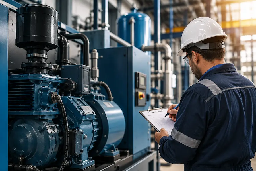 Técnico realizando manutenção em compressor industrial.