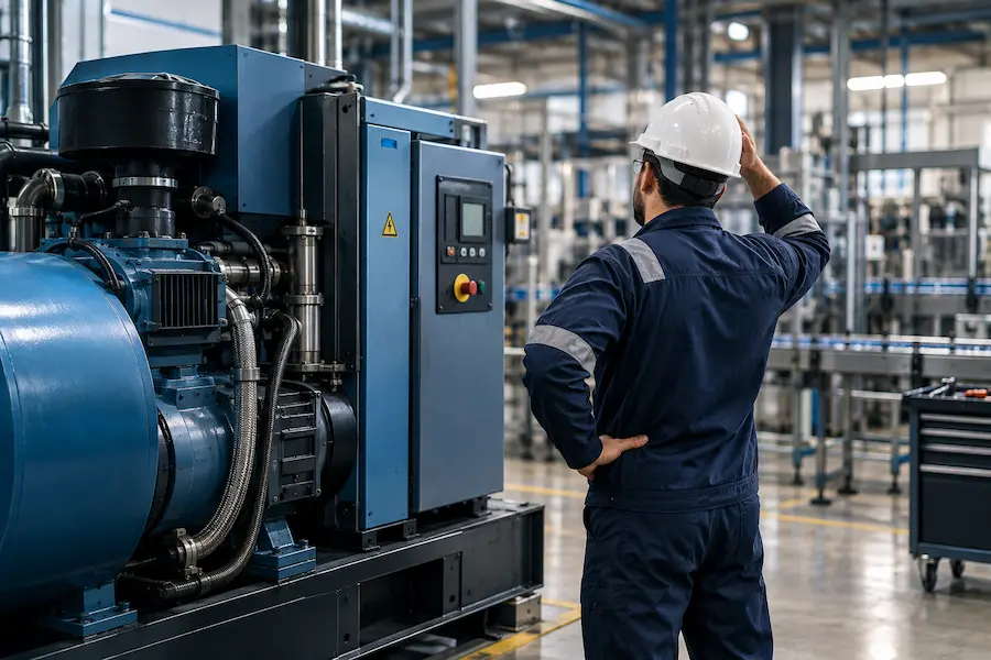 Técnico diante de compressor industrial parado em uma fábrica.