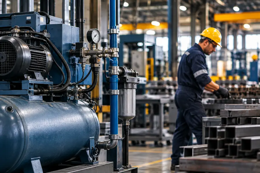 Compressor industrial e sistema de tubulação de ar comprimido em uma indústria metalúrgica.