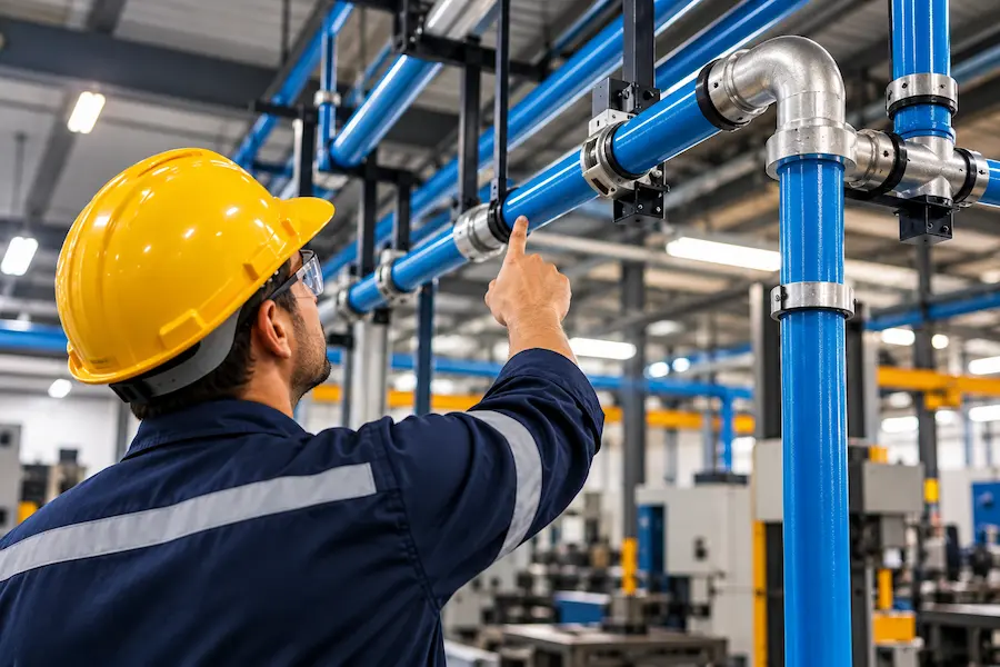 Técnico inspecionando a tubulação de ar comprimido em uma fábrica.