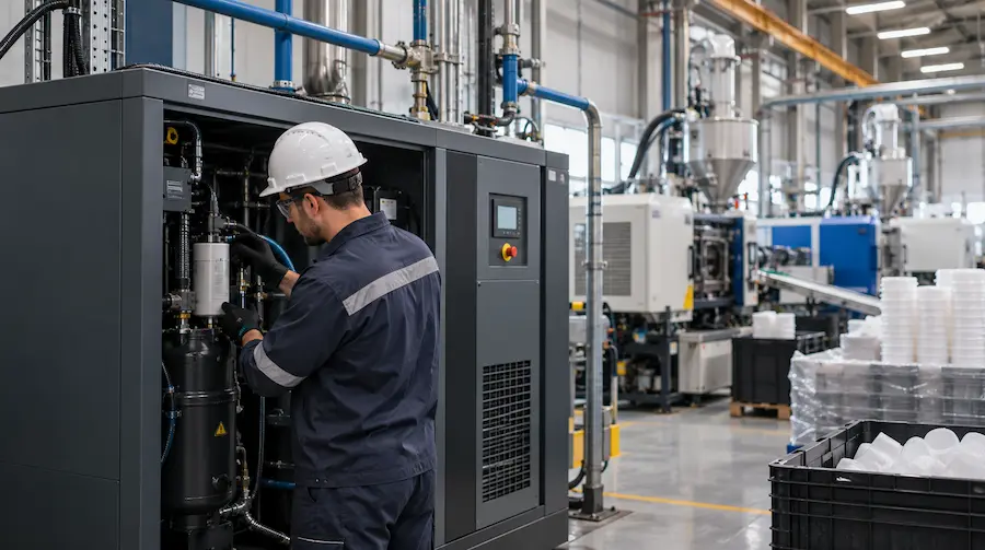 Técnico realizando manutenção em compressor de ar em indústria plástica, com máquinas de produção e sistema de ar comprimido ao fundo.