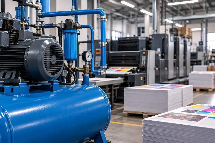 Compressor de ar industrial em uma gráfica com equipamentos de impressão ao fundo.